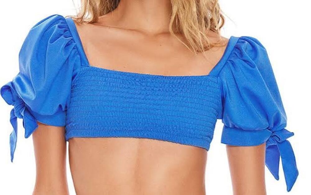 Agua Bendita Eileen Bikini Top Womens Large Blue Short Sleeve NWT